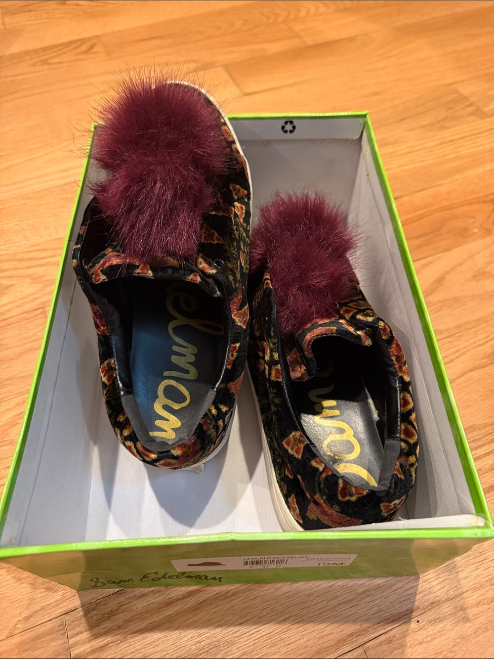Sam Edelman Black Multicolor Velvet Slide Slippers with Burgundy Fur